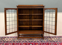 Load image into Gallery viewer, Antique English Bookcase Cabinet Double Door Leaded Wavy Glass Oak c.1930s