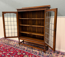 Load image into Gallery viewer, Antique English Bookcase Cabinet Double Door Leaded Wavy Glass Oak c.1930s