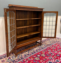 Load image into Gallery viewer, Antique English Bookcase Cabinet Double Door Leaded Wavy Glass Oak c.1930s