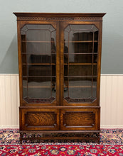 Load image into Gallery viewer, Antique English Jacobean Bookcase Cabinet Double Door Wavy Glass Tiger Oak 1930s
