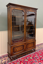 Load image into Gallery viewer, Antique English Jacobean Bookcase Cabinet Double Door Wavy Glass Tiger Oak 1930s