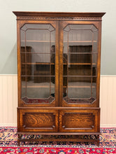 Load image into Gallery viewer, Antique English Jacobean Bookcase Cabinet Double Door Wavy Glass Tiger Oak 1930s