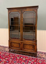 Load image into Gallery viewer, Antique English Jacobean Bookcase Cabinet Double Door Wavy Glass Tiger Oak 1930s