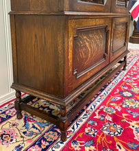 Load image into Gallery viewer, Antique English Jacobean Bookcase Cabinet Double Door Wavy Glass Tiger Oak 1930s