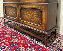 Load image into Gallery viewer, Antique English Jacobean Bookcase Cabinet Double Door Wavy Glass Tiger Oak 1930s
