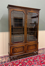 Load image into Gallery viewer, Antique English Jacobean Bookcase Cabinet Double Door Wavy Glass Tiger Oak 1930s