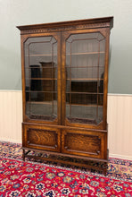 Load image into Gallery viewer, Antique English Jacobean Bookcase Cabinet Double Door Wavy Glass Tiger Oak 1930s