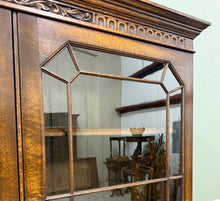 Load image into Gallery viewer, Antique English Jacobean Bookcase Cabinet Double Door Wavy Glass Tiger Oak 1930s