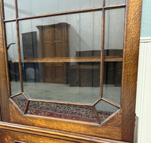 Load image into Gallery viewer, Antique English Jacobean Bookcase Cabinet Double Door Wavy Glass Tiger Oak 1930s