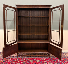 Load image into Gallery viewer, Antique English Jacobean Bookcase Cabinet Double Door Wavy Glass Tiger Oak 1930s