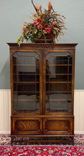 Load image into Gallery viewer, Antique English Jacobean Bookcase Cabinet Double Door Wavy Glass Tiger Oak 1930s