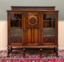Load image into Gallery viewer, Antique English Jacobean Bookcase Bow Front Cabinet Triple Door Oak c1930s