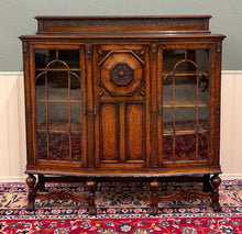 Load image into Gallery viewer, Antique English Jacobean Bookcase Bow Front Cabinet Triple Door Oak c1930s