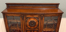 Load image into Gallery viewer, Antique English Jacobean Bookcase Bow Front Cabinet Triple Door Oak c1930s