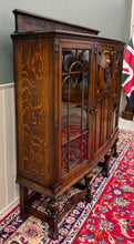 Load image into Gallery viewer, Antique English Jacobean Bookcase Bow Front Cabinet Triple Door Oak c1930s