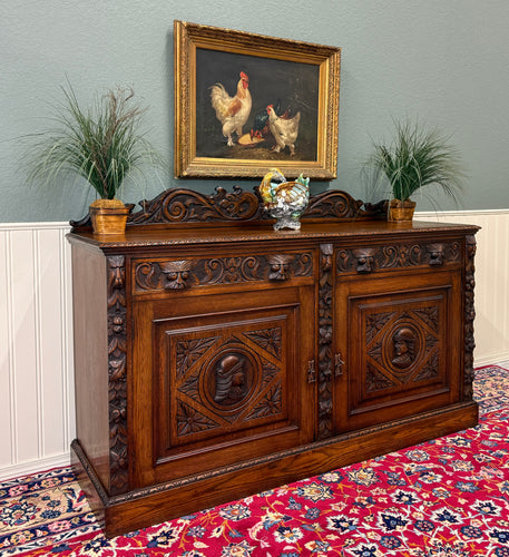Antique Renaissance Revival French Server Sideboard Buffet Cabinet Oak 19C