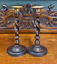 Load image into Gallery viewer, Antique English Barley Twist Candlesticks Candle Holders Oak PAIR 8.75&quot; PETITE