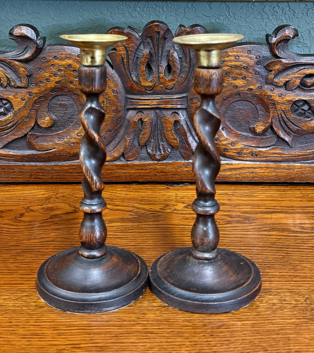 Antique English Barley Twist Candlesticks Candle Holders Oak PAIR 8.75