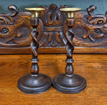 Load image into Gallery viewer, Antique English Barley Twist Candlesticks Candle Holders Oak PAIR 8.75&quot; PETITE