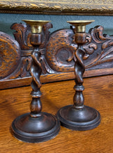 Load image into Gallery viewer, Antique English Barley Twist Candlesticks Candle Holders Oak PAIR 8.75&quot; PETITE