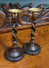 Load image into Gallery viewer, Antique English Barley Twist Candlesticks Candle Holders Oak PAIR 8.75&quot; PETITE