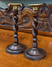 Load image into Gallery viewer, Antique English Barley Twist Candlesticks Candle Holders Oak PAIR 8.75&quot; PETITE