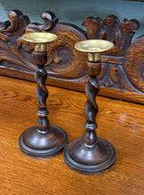 Load image into Gallery viewer, Antique English Barley Twist Candlesticks Candle Holders Oak PAIR 8.75&quot; PETITE