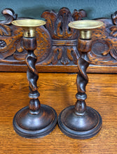 Load image into Gallery viewer, Antique English Barley Twist Candlesticks Candle Holders Oak PAIR 8.75&quot; PETITE