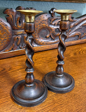 Load image into Gallery viewer, Antique English Barley Twist Candlesticks Candle Holders Oak PAIR 8.75&quot; PETITE