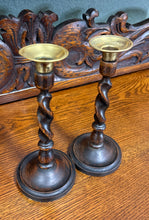 Load image into Gallery viewer, Antique English Barley Twist Candlesticks Candle Holders Oak PAIR 8.75&quot; PETITE