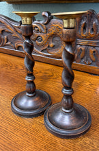 Load image into Gallery viewer, Antique English Barley Twist Candlesticks Candle Holders Oak PAIR 8.75&quot; PETITE