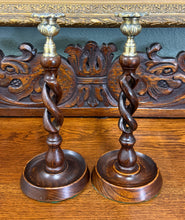 Load image into Gallery viewer, Antique English Open Barley Twist Candlesticks Candle Holders Oak PAIR 11.5&quot;