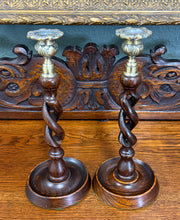 Load image into Gallery viewer, Antique English Open Barley Twist Candlesticks Candle Holders Oak PAIR 11.5&quot;