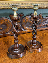 Load image into Gallery viewer, Antique English Open Barley Twist Candlesticks Candle Holders Oak PAIR 11.5&quot;