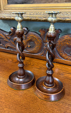 Load image into Gallery viewer, Antique English Open Barley Twist Candlesticks Candle Holders Oak PAIR 11.5&quot;