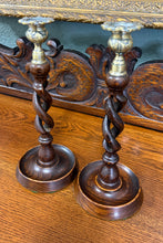 Load image into Gallery viewer, Antique English Open Barley Twist Candlesticks Candle Holders Oak PAIR 11.5&quot;