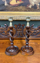 Load image into Gallery viewer, Antique English Open Barley Twist Candlesticks Candle Holders Oak PAIR 11.5&quot;