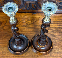 Load image into Gallery viewer, Antique English Open Barley Twist Candlesticks Candle Holders Oak PAIR 11.5&quot;