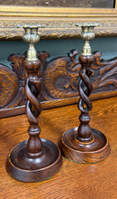 Load image into Gallery viewer, Antique English Open Barley Twist Candlesticks Candle Holders Oak PAIR 11.5&quot;