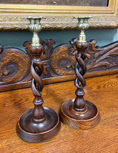 Load image into Gallery viewer, Antique English Open Barley Twist Candlesticks Candle Holders Oak PAIR 11.5&quot;