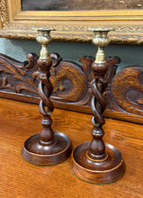 Load image into Gallery viewer, Antique English Open Barley Twist Candlesticks Candle Holders Oak PAIR 11.5&quot;