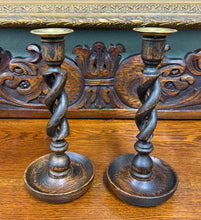 Load image into Gallery viewer, Antique English Open Barley Twist Candlesticks Candle Holders Oak PAIR 10.5&quot;