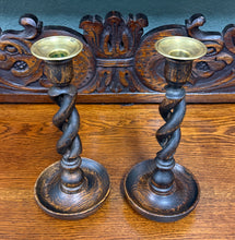 Load image into Gallery viewer, Antique English Open Barley Twist Candlesticks Candle Holders Oak PAIR 10.5&quot;