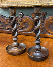 Load image into Gallery viewer, Antique English Open Barley Twist Candlesticks Candle Holders Oak PAIR 10.5&quot;
