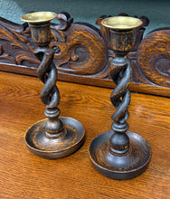 Load image into Gallery viewer, Antique English Open Barley Twist Candlesticks Candle Holders Oak PAIR 10.5&quot;