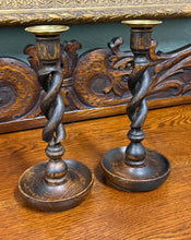 Load image into Gallery viewer, Antique English Open Barley Twist Candlesticks Candle Holders Oak PAIR 10.5&quot;