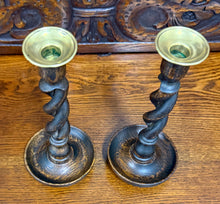Load image into Gallery viewer, Antique English Open Barley Twist Candlesticks Candle Holders Oak PAIR 10.5&quot;