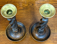 Load image into Gallery viewer, Antique English Open Barley Twist Candlesticks Candle Holders Oak PAIR 10.5&quot;