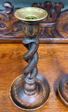 Load image into Gallery viewer, Antique English Open Barley Twist Candlesticks Candle Holders Oak PAIR 10.5&quot;