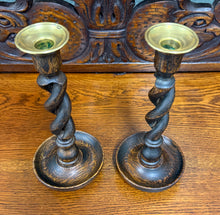 Load image into Gallery viewer, Antique English Open Barley Twist Candlesticks Candle Holders Oak PAIR 10.5&quot;
